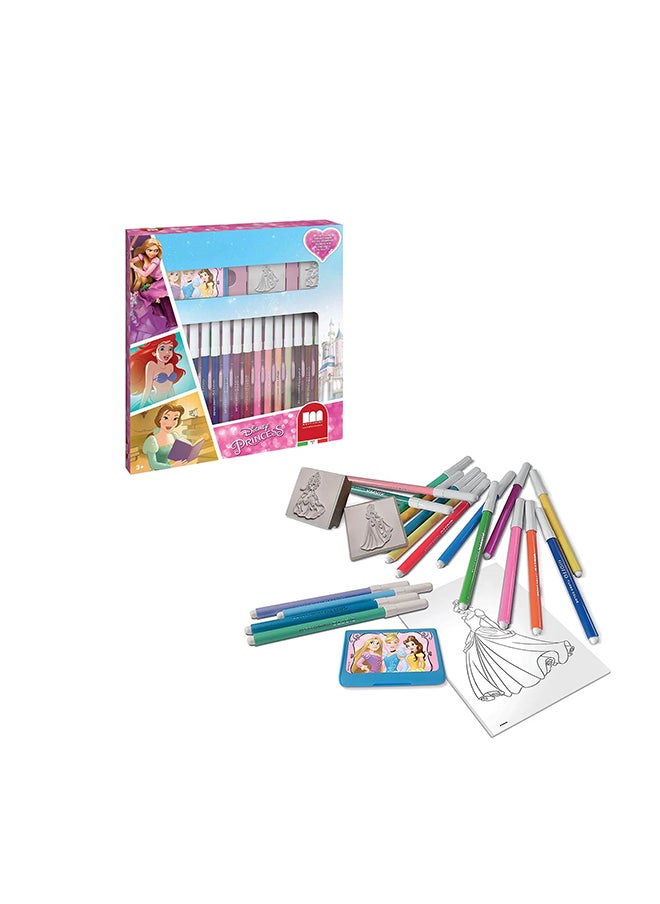MULTIPRINT Princess 18 Felt Tip Pens Washable Markers With 2 Stamps And Ink Pad Creative Art Set For Kids Non-Toxic And Made In Italy  - Image 1
