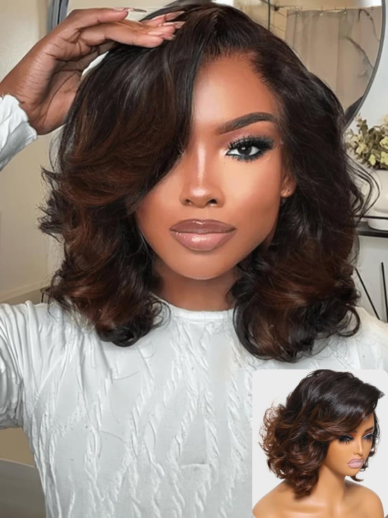 UNICE Chestnut Brown Loose Wavy Short Bob Wig human Hair 13x4 HD Lace Front Glueless Wigs Human Hair Pre Plucked Pre Cut Lace Bleached Knots Ready to Wear Wig 12 inch - Image 1