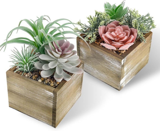 2 PACK FAKE PLANTS SUCCULENTS PLANTS ARTIFICIAL PLANTS IN WOOD POTS WITH PINK FLOWERS FOR FARMHOUSE BATHROOM DECOR