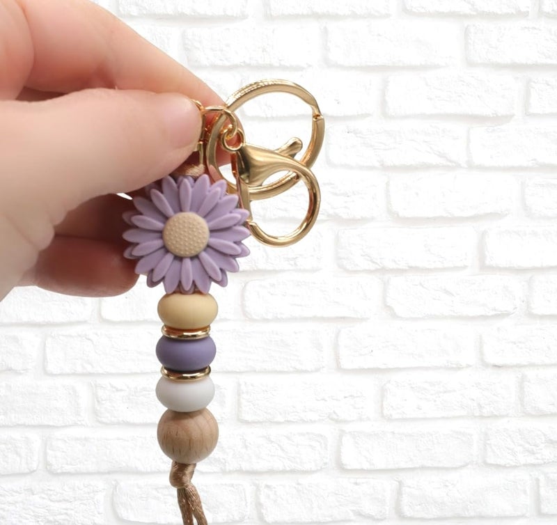 MyfavoriteK Silicone Beads Flower Cute Keychain for Women Girls Beaded Key Ring Holder for Car Keys Purse Charm Backpack Ornament (Lavender) - Image 2
