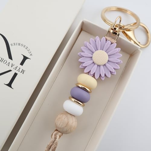 MyfavoriteK Silicone Beads Flower Cute Keychain for Women Girls Beaded Key Ring Holder for Car Keys Purse Charm Backpack Ornament (Lavender) - Image 4