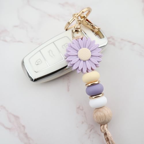 MyfavoriteK Silicone Beads Flower Cute Keychain for Women Girls Beaded Key Ring Holder for Car Keys Purse Charm Backpack Ornament (Lavender) - Image 3