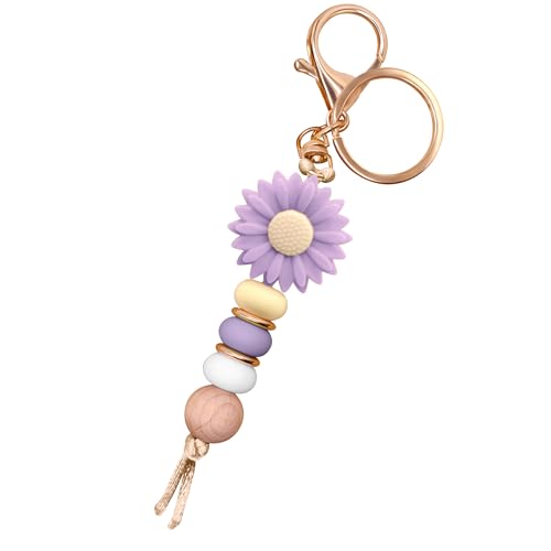 MyfavoriteK Silicone Beads Flower Cute Keychain for Women Girls Beaded Key Ring Holder for Car Keys Purse Charm Backpack Ornament (Lavender) - Image 1