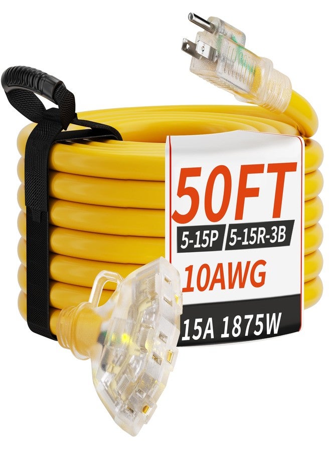 PlugSaf 50 FT 10/3 Gauge Outdoor Extension Cord with Multiple Outlets Light Indicator, Flexible 3 Outlet Weatherproof Heavy Duty Extension Cord Waterproof Yellow, 15A 1875W 10AWG SJTW, ETL Listed - Image 1