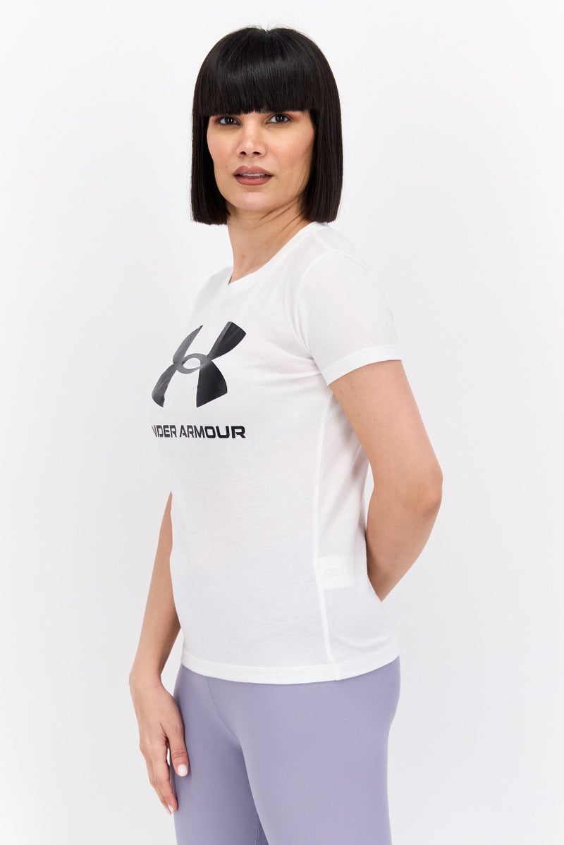 UNDER ARMOUR قميص تدريب قصير الأكمام للنساء من ملابس الرياضة بملائمة وشعار العلامة التجارية، أبيض - Image 2