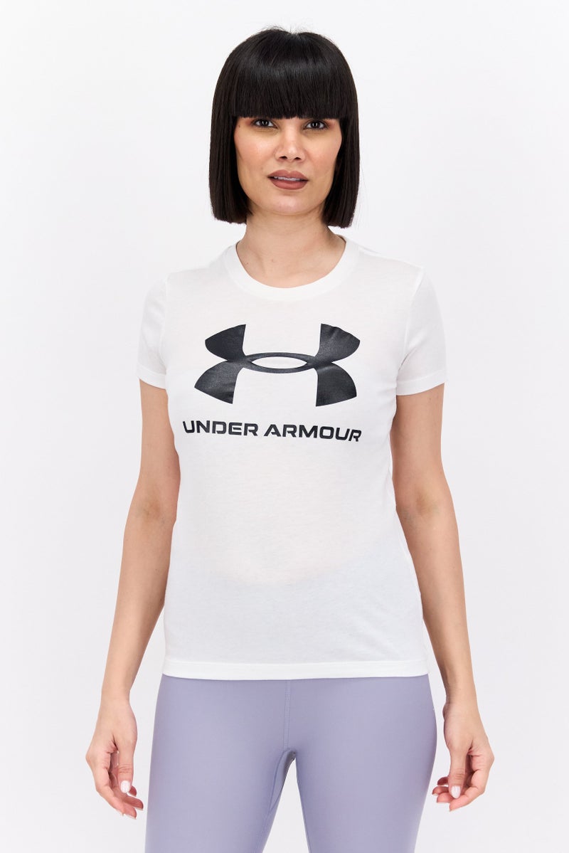 UNDER ARMOUR قميص تدريب قصير الأكمام للنساء من ملابس الرياضة بملائمة وشعار العلامة التجارية، أبيض - Image 1
