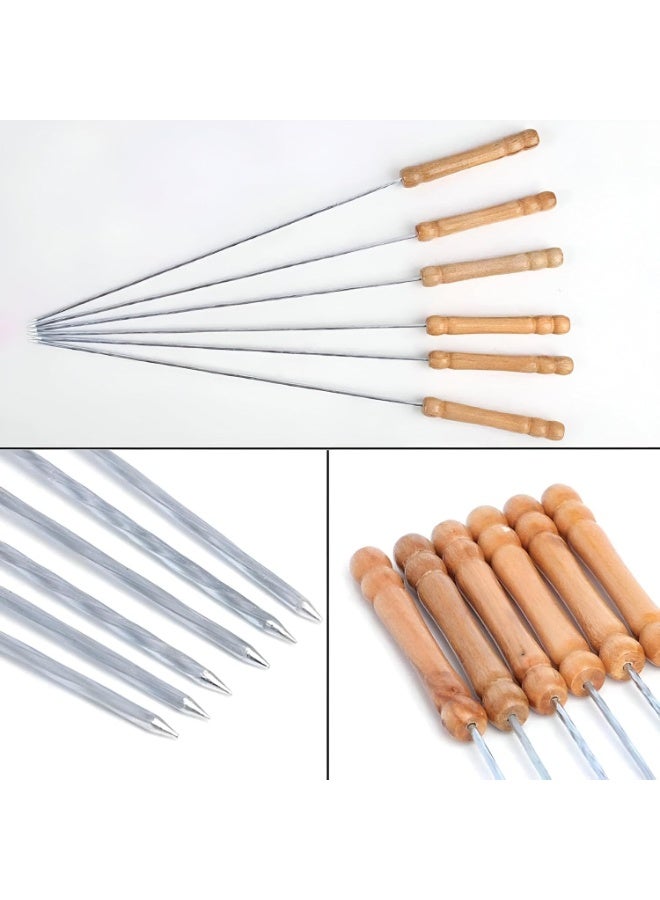 أسياخ شواء من الستانلس ستيل بمقابض خشبية – طقم 10 قطع قابلة لإعادة الاستخدام للحوم والدجاج والخضار – آمنة للشواية والفرن، طرف مدبب ومقبض مقاوم للحرارة – فضي/خشبي - Image 1