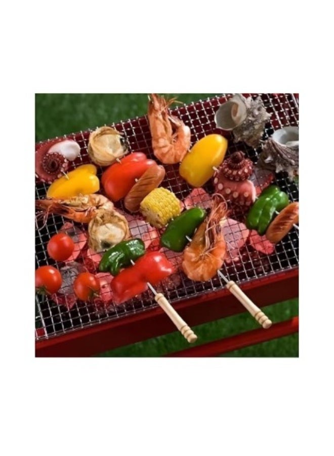 أسياخ شواء من الستانلس ستيل بمقابض خشبية – طقم 10 قطع قابلة لإعادة الاستخدام للحوم والدجاج والخضار – آمنة للشواية والفرن، طرف مدبب ومقبض مقاوم للحرارة – فضي/خشبي - Image 3