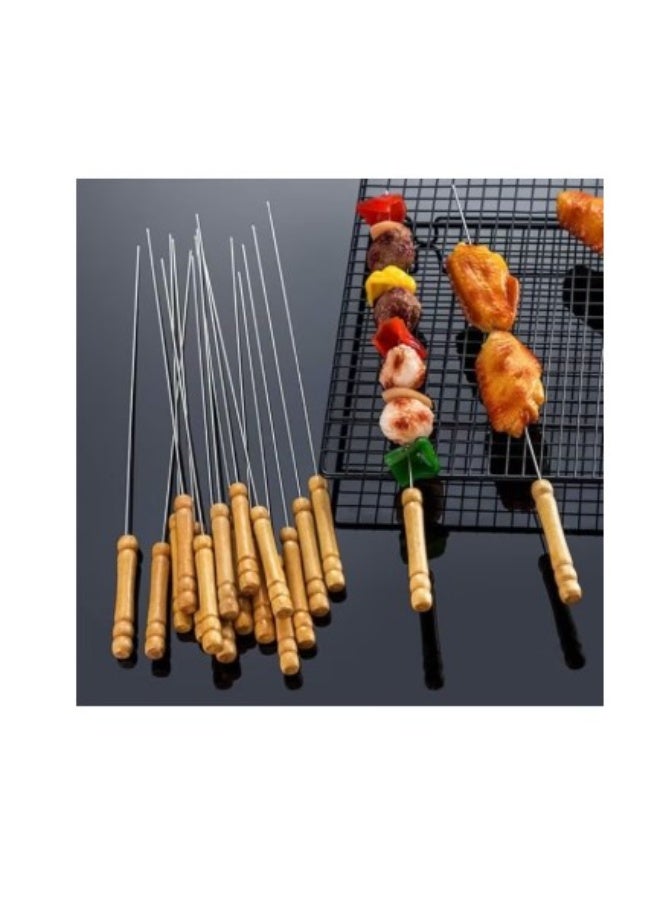 أسياخ شواء من الستانلس ستيل بمقابض خشبية – طقم 10 قطع قابلة لإعادة الاستخدام للحوم والدجاج والخضار – آمنة للشواية والفرن، طرف مدبب ومقبض مقاوم للحرارة – فضي/خشبي - Image 4