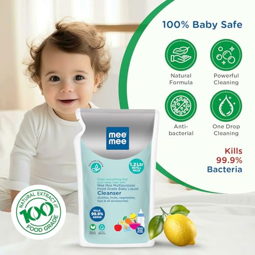 Mee Mee Food Grade Liquid Cleanser 1.2 L | Anti-Bacterial, Kills 99.9% Germs, 100% Natural Formula | For Baby Bottles, Accessories, Toys, Fruits & Veggies | One Drop Cleaning, Dermatologically Tested - Image 3