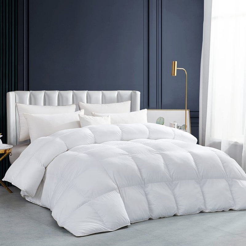 Egyptian Bedding Luxurious White Solid Heavy Weight Queen Size Goose Feathers Down Comforter for Winter Weather Duvet Insert Premium Baffle Box 100 Egyptian Cotton Cover 65 oz Fill Weight 
