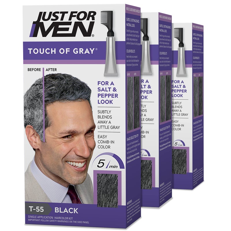 Just For Men Touch of Gray, Mens Hair Color Kit with Comb Applicator for Easy Application, Great for a Salt and Pepper Look - Black, T-55, Pack of 3 - Image 1