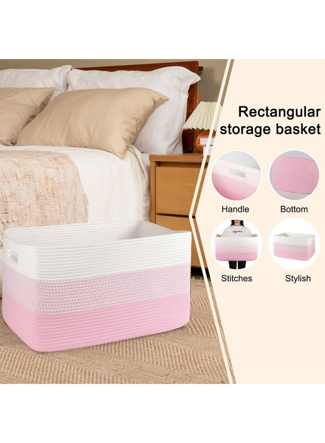 OIAHOMY Large Blanket Basket, 22”x17”x12” Rectangle Woven Baskets, Nursery Blanket Storage Living Room, Toy Storage With Handle, Large Baskets for Organizing - Pink/White - Image 5