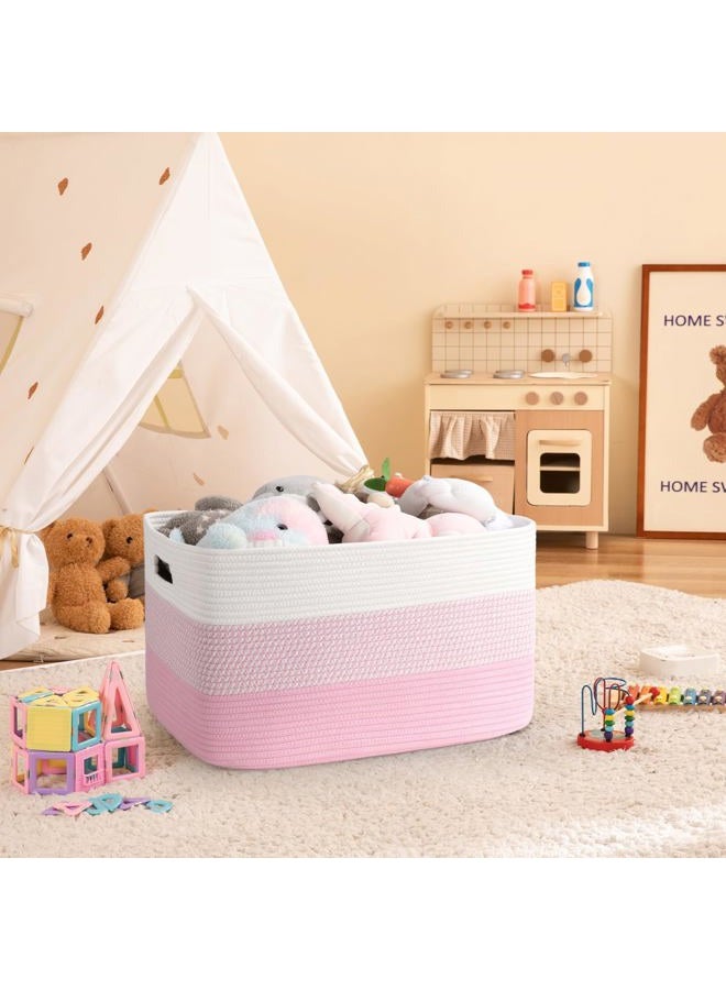 OIAHOMY Large Blanket Basket, 22”x17”x12” Rectangle Woven Baskets, Nursery Blanket Storage Living Room, Toy Storage With Handle, Large Baskets for Organizing - Pink/White - Image 2