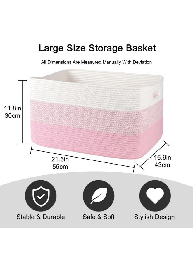 OIAHOMY Large Blanket Basket, 22”x17”x12” Rectangle Woven Baskets, Nursery Blanket Storage Living Room, Toy Storage With Handle, Large Baskets for Organizing - Pink/White - Image 3