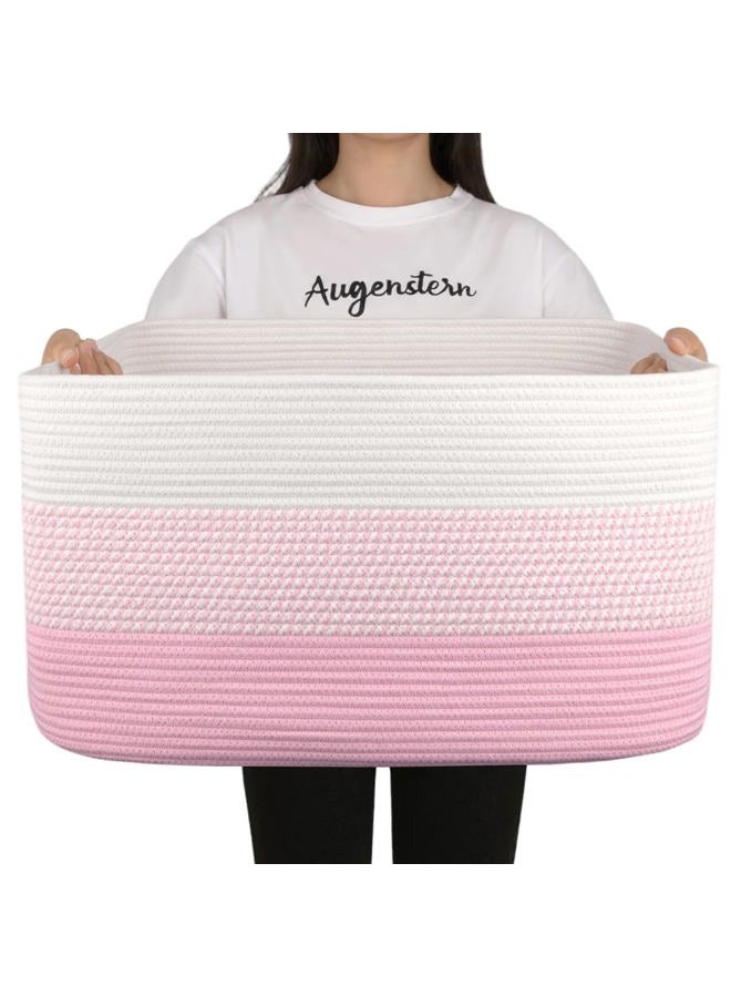 OIAHOMY Large Blanket Basket, 22”x17”x12” Rectangle Woven Baskets, Nursery Blanket Storage Living Room, Toy Storage With Handle, Large Baskets for Organizing - Pink/White - Image 1