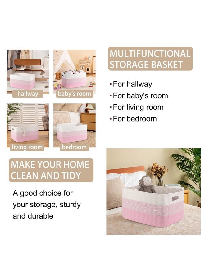 OIAHOMY Large Blanket Basket, 22”x17”x12” Rectangle Woven Baskets, Nursery Blanket Storage Living Room, Toy Storage With Handle, Large Baskets for Organizing - Pink/White - Image 4