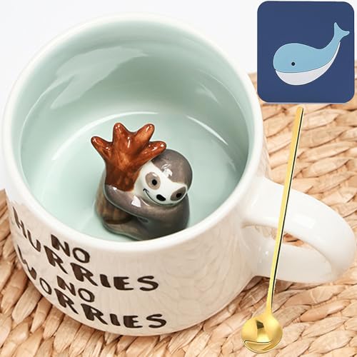 Arawat Sloth Mug Gift Funny Coffee Mug 3d Animal Sloth Mug Ceramic 350 ml Tea Mug with Spoon & Coaster Coffee Mug Cute Coffee Mug Birthday Gift for Friend Women Men - Image 1