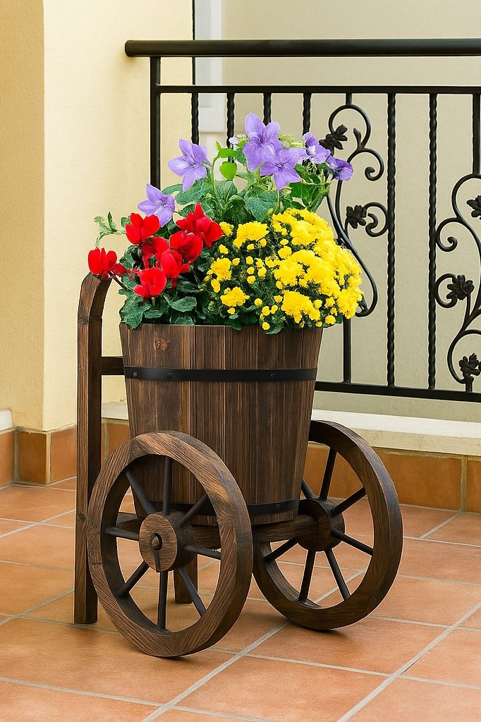 𝐅𝐅𝐃 Rustic Wooden Flower Pot with Movable Tires (35x65x65cm)– Large & Deep Planting Space for Indoor & Outdoor Garden Decor, Vintage Trolley-Style Planter" - Image 1