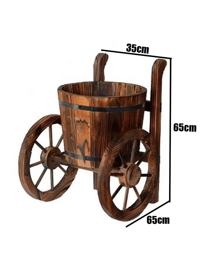 𝐅𝐅𝐃 Rustic Wooden Flower Pot with Movable Tires (35x65x65cm)– Large & Deep Planting Space for Indoor & Outdoor Garden Decor, Vintage Trolley-Style Planter" - Image 3