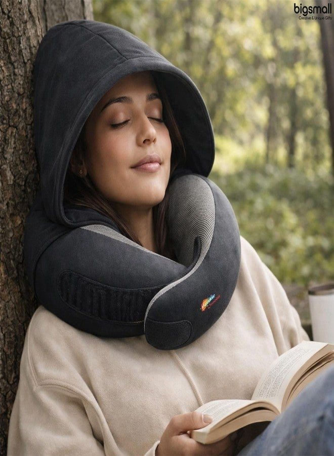 Bigsmall Hooded Travel Neck Pillow for Adults | Soft Ergonomic U-Shape Neck Support Pillow with Hood | Comfortable Memory Foam Style Travel Pillow for Flight, Car & Office Use (Black) - Image 2