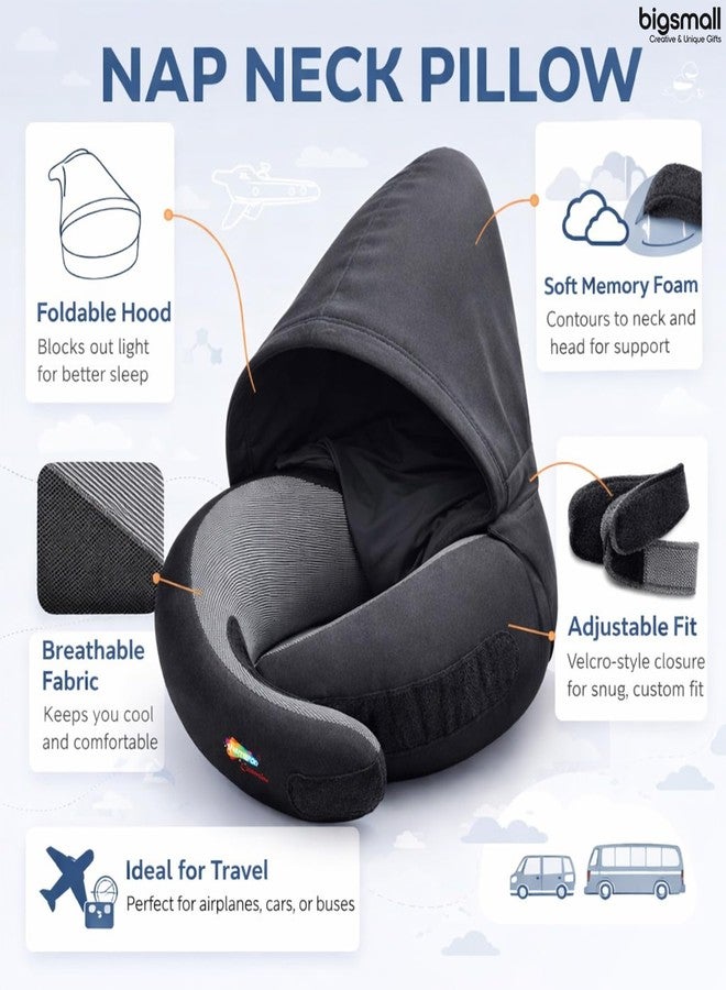 Bigsmall Hooded Travel Neck Pillow for Adults | Soft Ergonomic U-Shape Neck Support Pillow with Hood | Comfortable Memory Foam Style Travel Pillow for Flight, Car & Office Use (Black) - Image 5