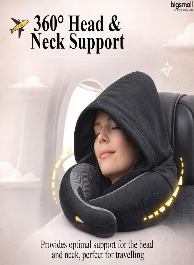 Bigsmall Hooded Travel Neck Pillow for Adults | Soft Ergonomic U-Shape Neck Support Pillow with Hood | Comfortable Memory Foam Style Travel Pillow for Flight, Car & Office Use (Black) - Image 4