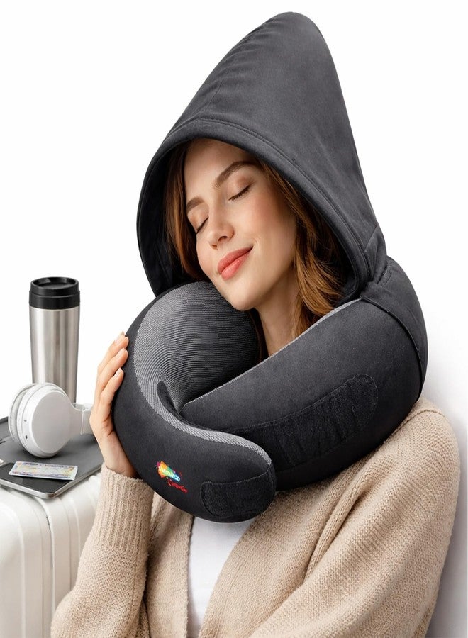 Bigsmall Hooded Travel Neck Pillow for Adults | Soft Ergonomic U-Shape Neck Support Pillow with Hood | Comfortable Memory Foam Style Travel Pillow for Flight, Car & Office Use (Black) - Image 1