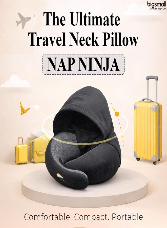 Bigsmall Hooded Travel Neck Pillow for Adults | Soft Ergonomic U-Shape Neck Support Pillow with Hood | Comfortable Memory Foam Style Travel Pillow for Flight, Car & Office Use (Black) - Image 3