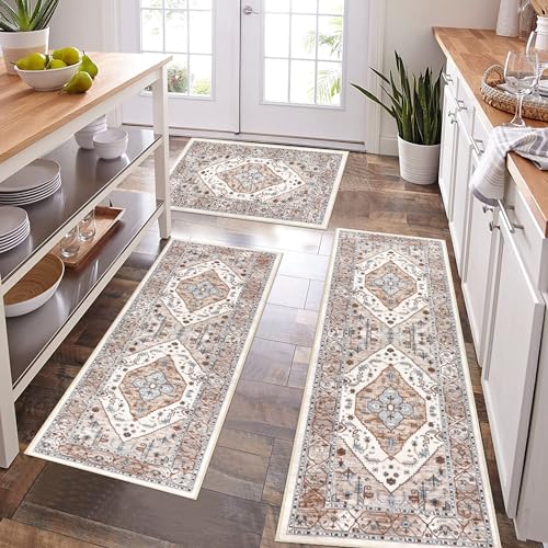 Pauwer Kitchen Rugs Sets of 3 Non Slip Washable Kitchen Mats for Floor Farmhouse Kitchen Floor Mat Runner Rug Boho Kitchen Sink Rug Carpet for Kitchen Hallway Laundry Room Beige