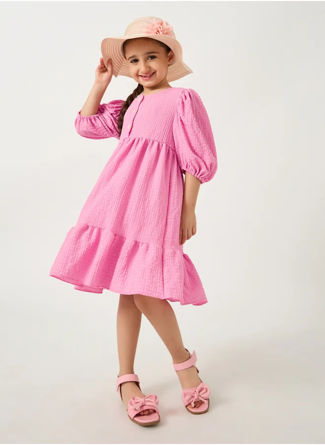 Styli Textured Puff Sleeves Dress with Half-Button Placket