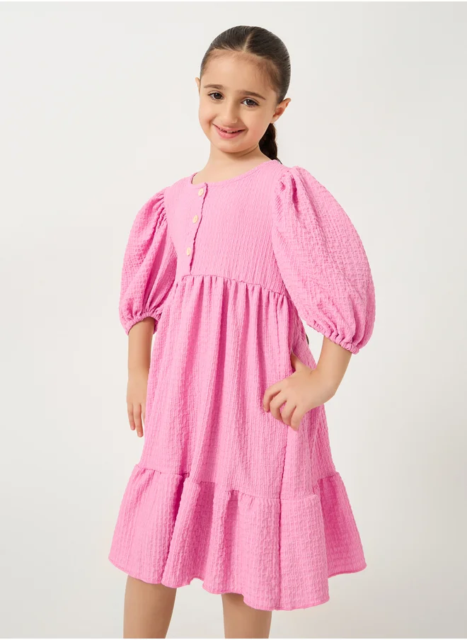 Styli Textured Puff Sleeves Dress with Half-Button Placket