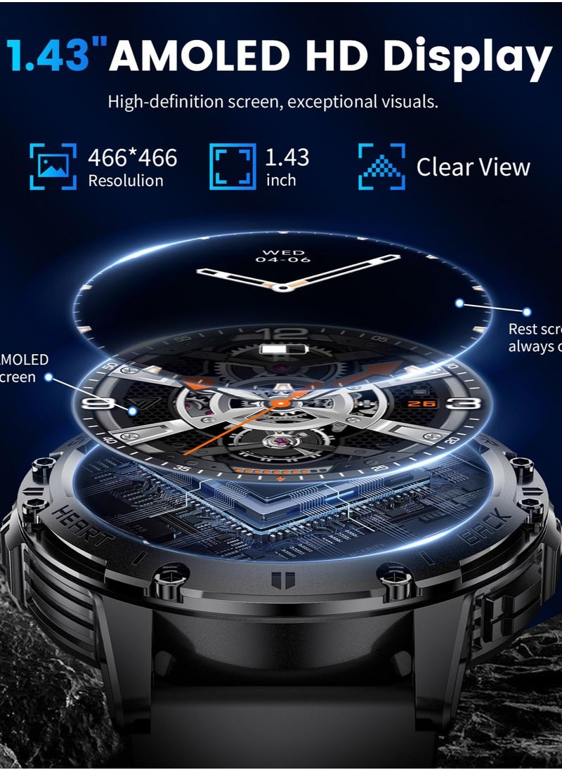 Joshberg Military Smart Watches for Men for Android/iPhone-1.43''AMOLED Display Smartwatch with 123 Sport Modes/Flashlight,5ATM Waterproof Fitness Tracker with Heart Rate/Sleep Monitor,Silicone  - Image 3
