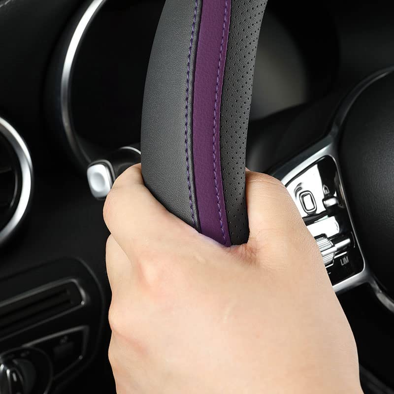 szttswamp Car Steering Wheel Cover, Leather Steering Wheel Cover Purple Universal 14.5-15 Inch Microfiber Leather Anti-Slip Breathable Auto Steering Wheel Covers for Men Women (Black&Purple) - Image 3
