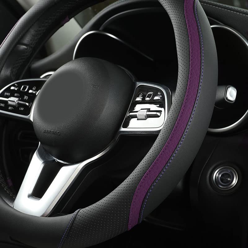szttswamp Car Steering Wheel Cover, Leather Steering Wheel Cover Purple Universal 14.5-15 Inch Microfiber Leather Anti-Slip Breathable Auto Steering Wheel Covers for Men Women (Black&Purple) - Image 2