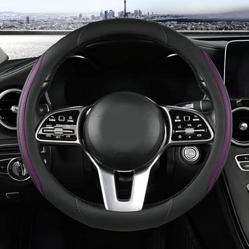 szttswamp Car Steering Wheel Cover, Leather Steering Wheel Cover Purple Universal 14.5-15 Inch Microfiber Leather Anti-Slip Breathable Auto Steering Wheel Covers for Men Women (Black&Purple) - Image 1