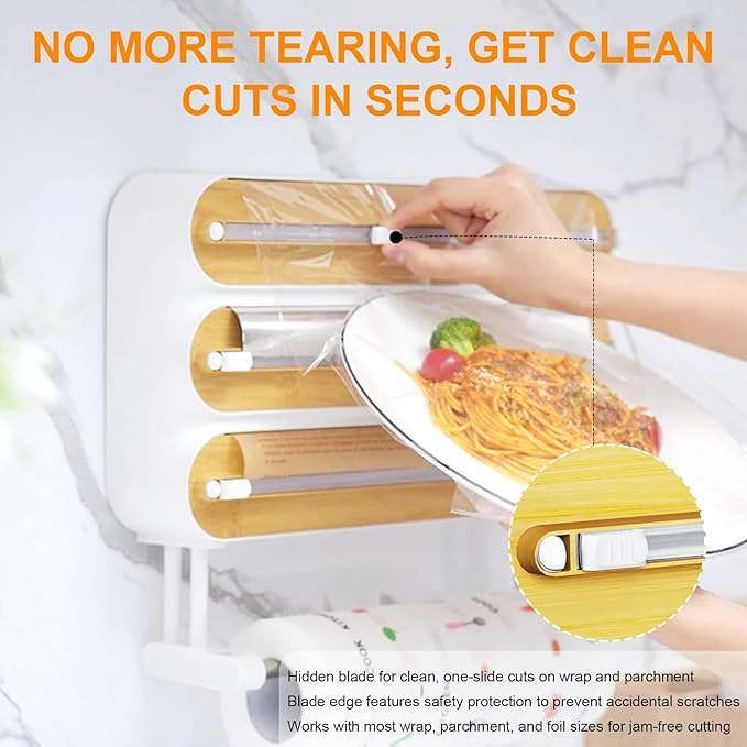 Enem Foil Paper Cutter and Holder, 4 in 1 Cling Wrap Dispenser with Cutter, Magnetic Paper Towel Holder, with 1 Year Warranty & Customer Support from Enem (Magnetic Dispenser Wooden) - Image 2