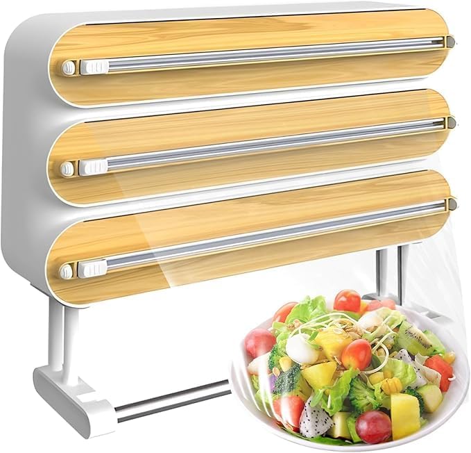 Enem Foil Paper Cutter and Holder, 4 in 1 Cling Wrap Dispenser with Cutter, Magnetic Paper Towel Holder, with 1 Year Warranty & Customer Support from Enem (Magnetic Dispenser Wooden) - Image 1