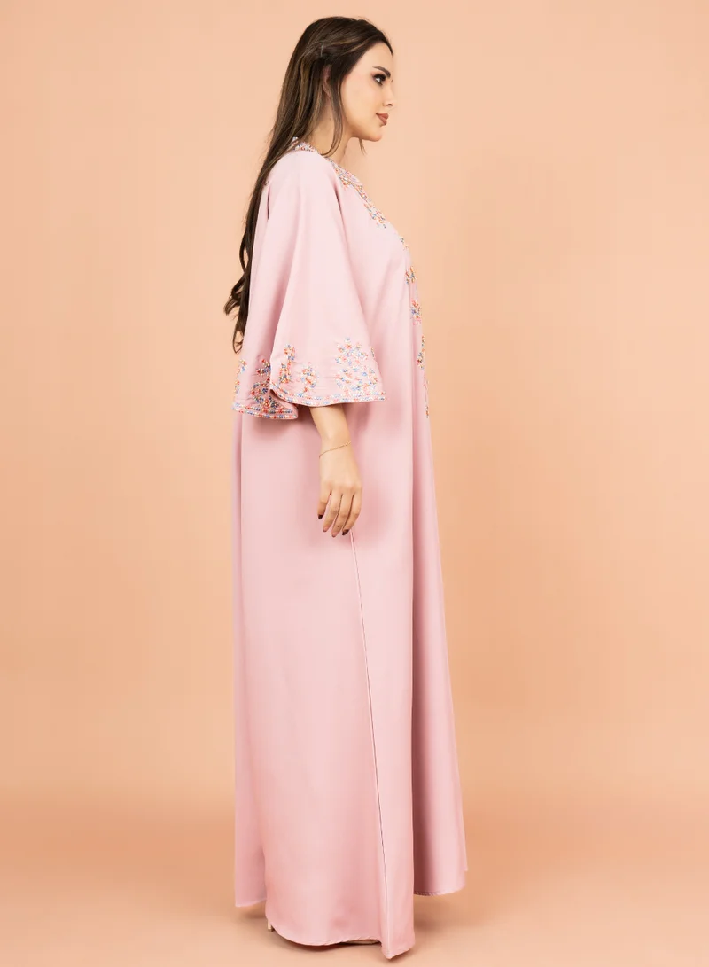 IKKXA FreeSize Solid Jalabiya with Intricate Embroidery IK4006 Pink