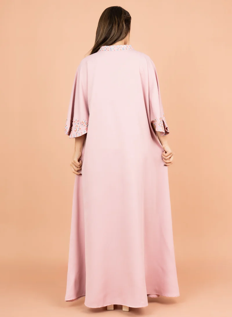 IKKXA FreeSize Solid Jalabiya with Intricate Embroidery IK4006 Pink