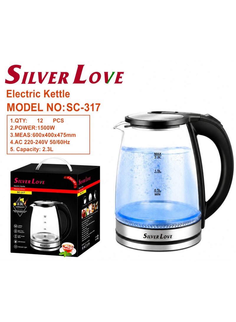 Silver Love Electric Glass Kettle 2.3L, 1500W Fast Boil, Borosilicate Glass, Auto Shut-Off & Boil-Dry Protection, SC-317 - Image 2