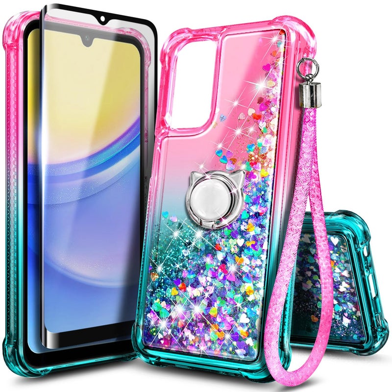 NZND Compatible with Samsung Galaxy A15-5G Phone Case, Pink/Aqua | Glitter Floating Liquid Waterfall Cute Girl Women Kids Cover with Tempered Glass Screen Protector/Ring Holder/Wrist Strap - Image 1