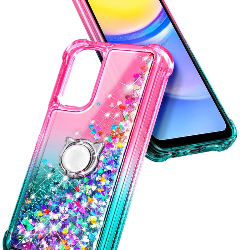 NZND Compatible with Samsung Galaxy A15-5G Phone Case, Pink/Aqua | Glitter Floating Liquid Waterfall Cute Girl Women Kids Cover with Tempered Glass Screen Protector/Ring Holder/Wrist Strap - Image 4