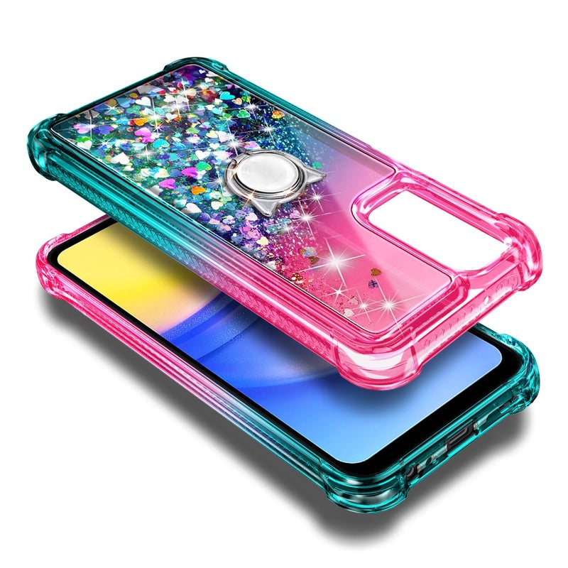 NZND Compatible with Samsung Galaxy A15-5G Phone Case, Pink/Aqua | Glitter Floating Liquid Waterfall Cute Girl Women Kids Cover with Tempered Glass Screen Protector/Ring Holder/Wrist Strap - Image 3