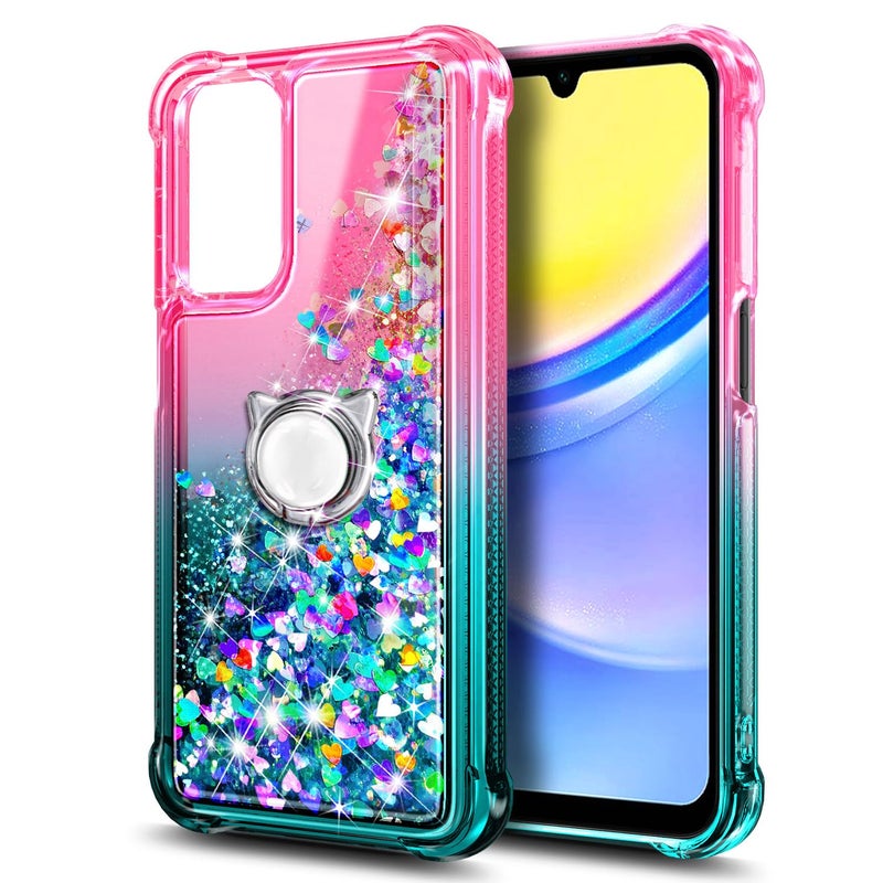 NZND Compatible with Samsung Galaxy A15-5G Phone Case, Pink/Aqua | Glitter Floating Liquid Waterfall Cute Girl Women Kids Cover with Tempered Glass Screen Protector/Ring Holder/Wrist Strap - Image 5