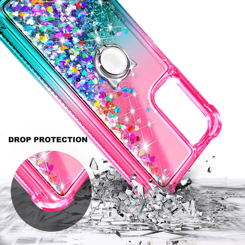 NZND Compatible with Samsung Galaxy A15-5G Phone Case, Pink/Aqua | Glitter Floating Liquid Waterfall Cute Girl Women Kids Cover with Tempered Glass Screen Protector/Ring Holder/Wrist Strap - Image 2