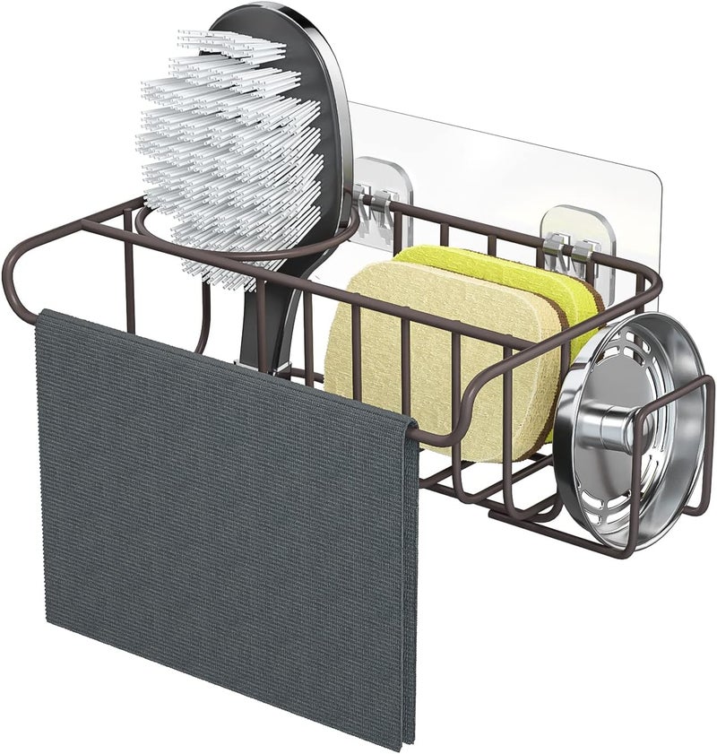 HapiRm 4 in 1 Adhesive Kitchen Sink Organizer, SUS304 Stainless Steel Brush Holder + Dish Cloth Hanger + Soap Rack + Sink Stopper Holder, No Drilling Sponge Caddy for Kitchen - Bronze - Image 1