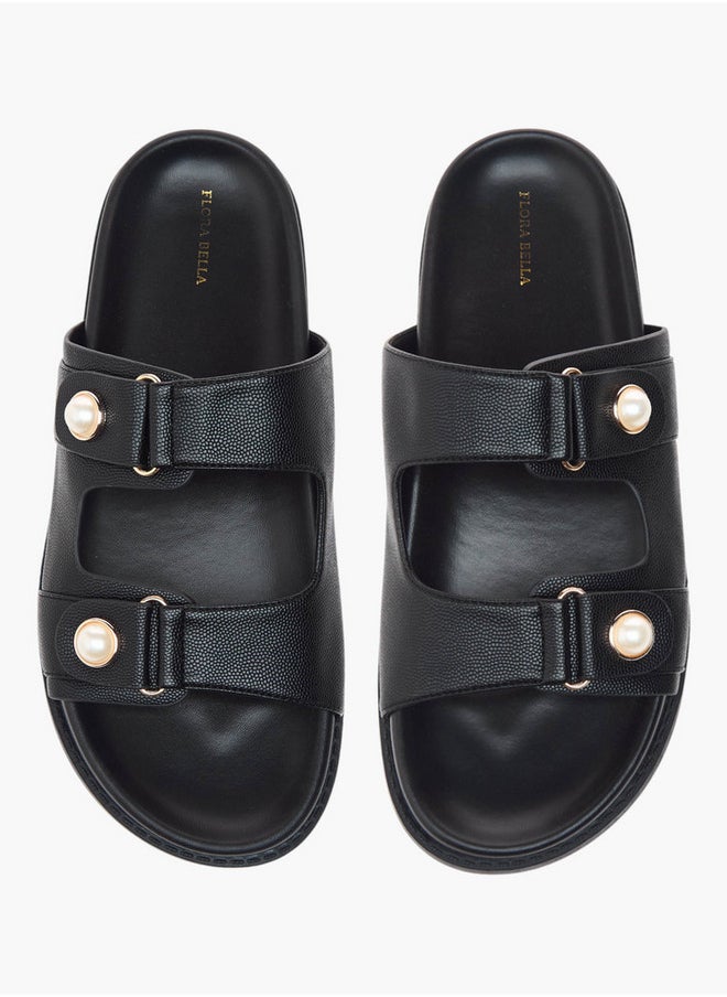 Flora Bella By Shoexpress Textured Pearl Embellished Slip-On Flat Sandals  - Image 1