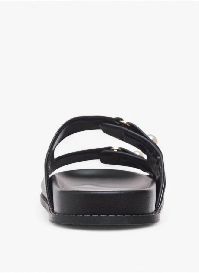Flora Bella By Shoexpress Textured Pearl Embellished Slip-On Flat Sandals  - Image 4