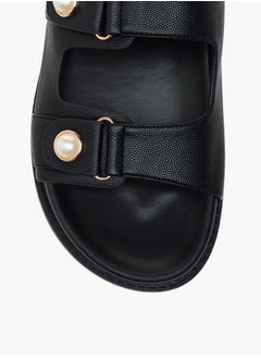 Flora Bella By Shoexpress Textured Pearl Embellished Slip-On Flat Sandals  - Image 3